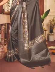 Slate Grey Tussar Silk Tribal Print Saree-4459