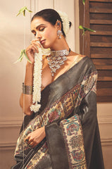 Slate Grey Tussar Silk Tribal Print Saree-4459
