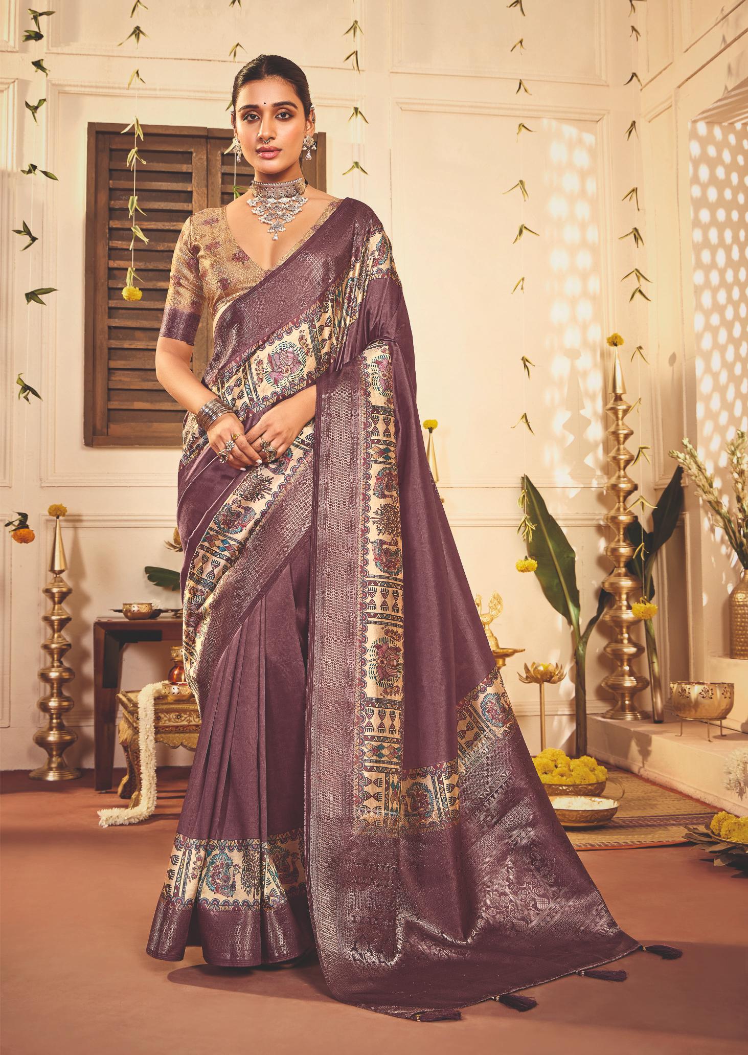 Brownish Purple Tussar Silk Tribal Print Saree-4460