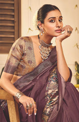 Brownish Purple Tussar Silk Tribal Print Saree-4460