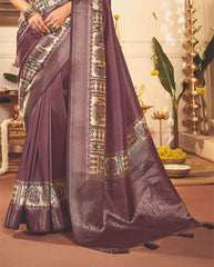 Brownish Purple Tussar Silk Tribal Print Saree-4460