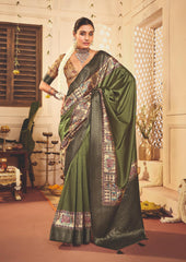 Dark Green Tussar Silk Tribal Print Saree-4461