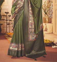 Dark Green Tussar Silk Tribal Print Saree-4461