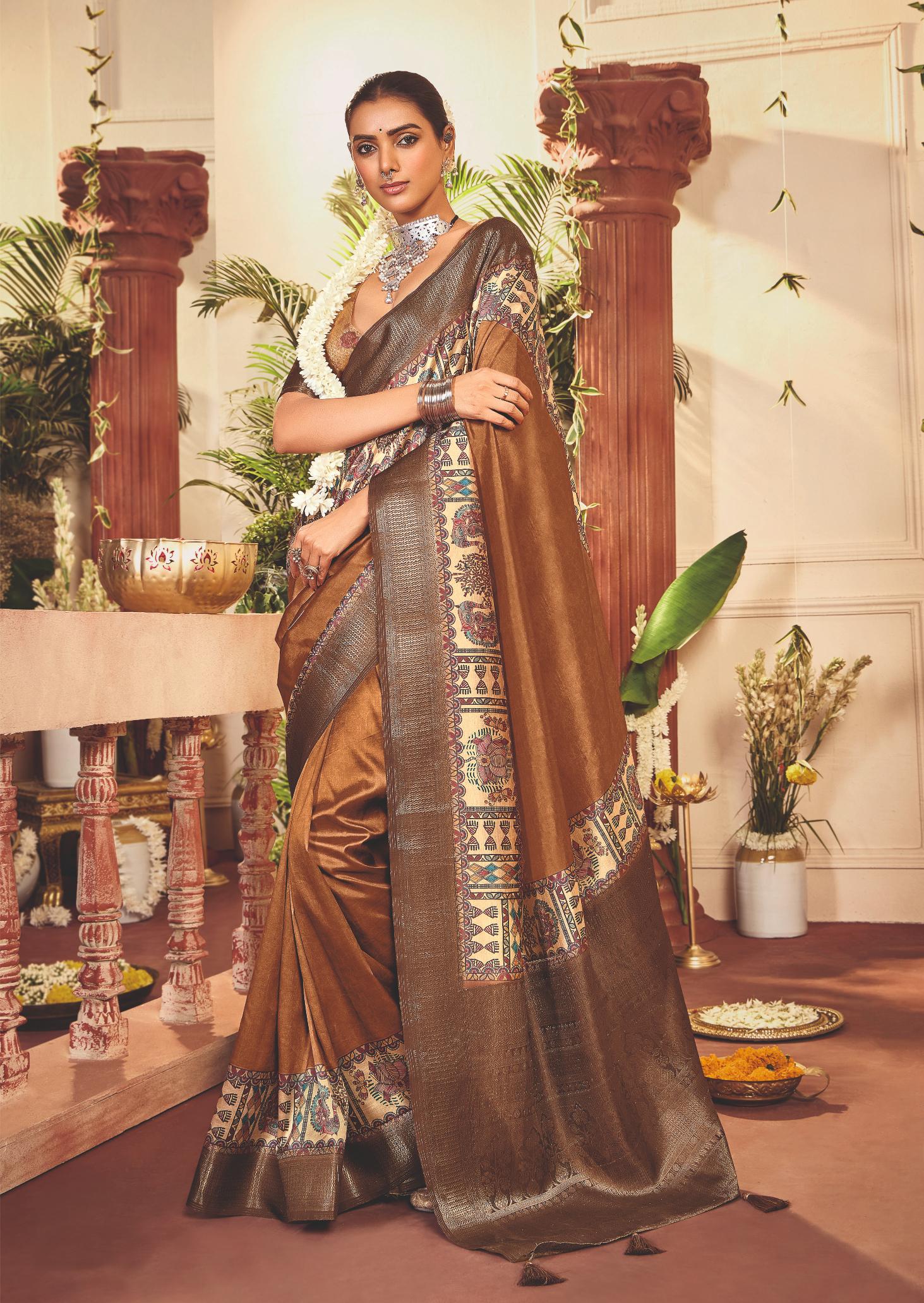 Copper Tussar Silk Tribal Print Saree-4462