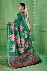 Teal Green Tussar Silk Floral Print Saree-4463