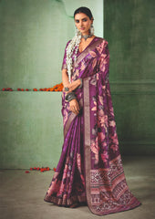 Dark Mauve Tussar Silk Floral Print Saree-4464