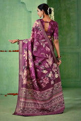Dark Mauve Tussar Silk Floral Print Saree-4464