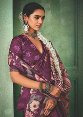 Dark Mauve Tussar Silk Floral Print Saree-4464