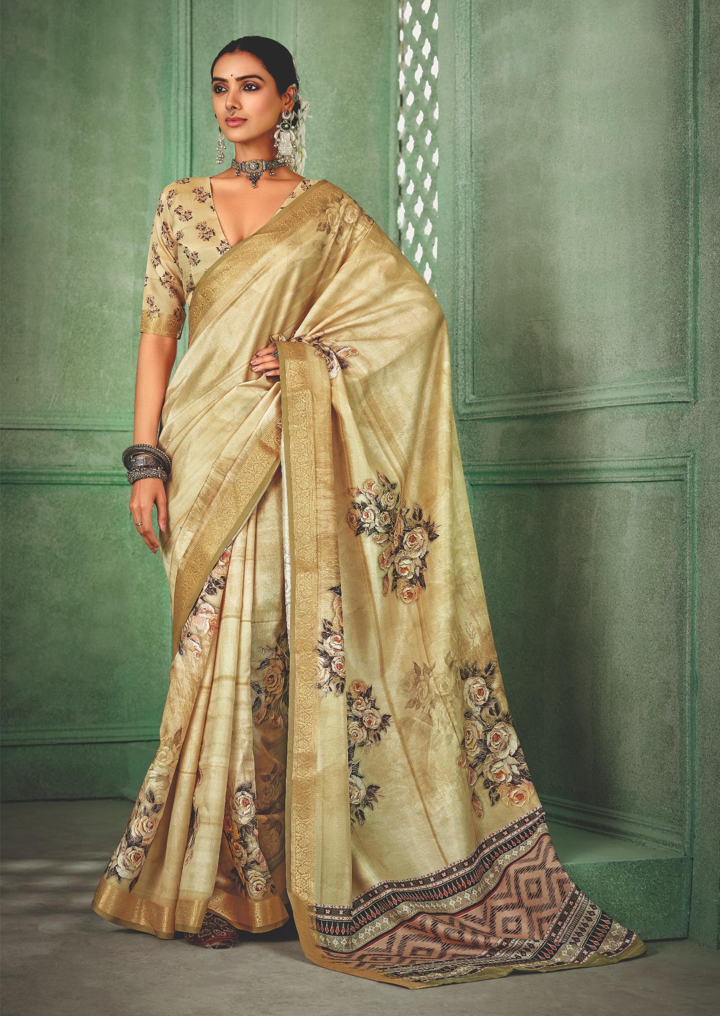 Light Peach Tussar Silk Floral Print Saree-4465