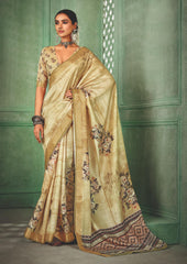 Light Peach Tussar Silk Floral Print Saree-4465