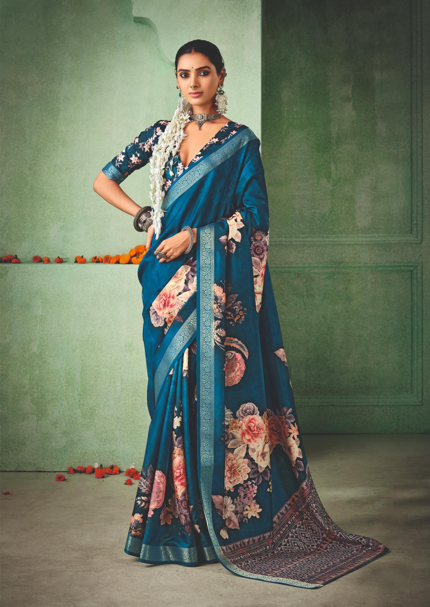 Regal Blue Tussar Silk Floral Print Saree-4466