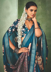 Regal Blue Tussar Silk Floral Print Saree-4466
