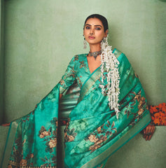 Light Sea Green Tussar Silk Floral Print Saree-4468
