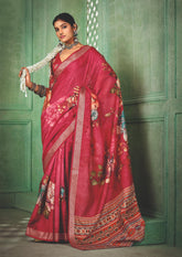 Bright Maroon Tussar Silk Floral Print Saree-4469