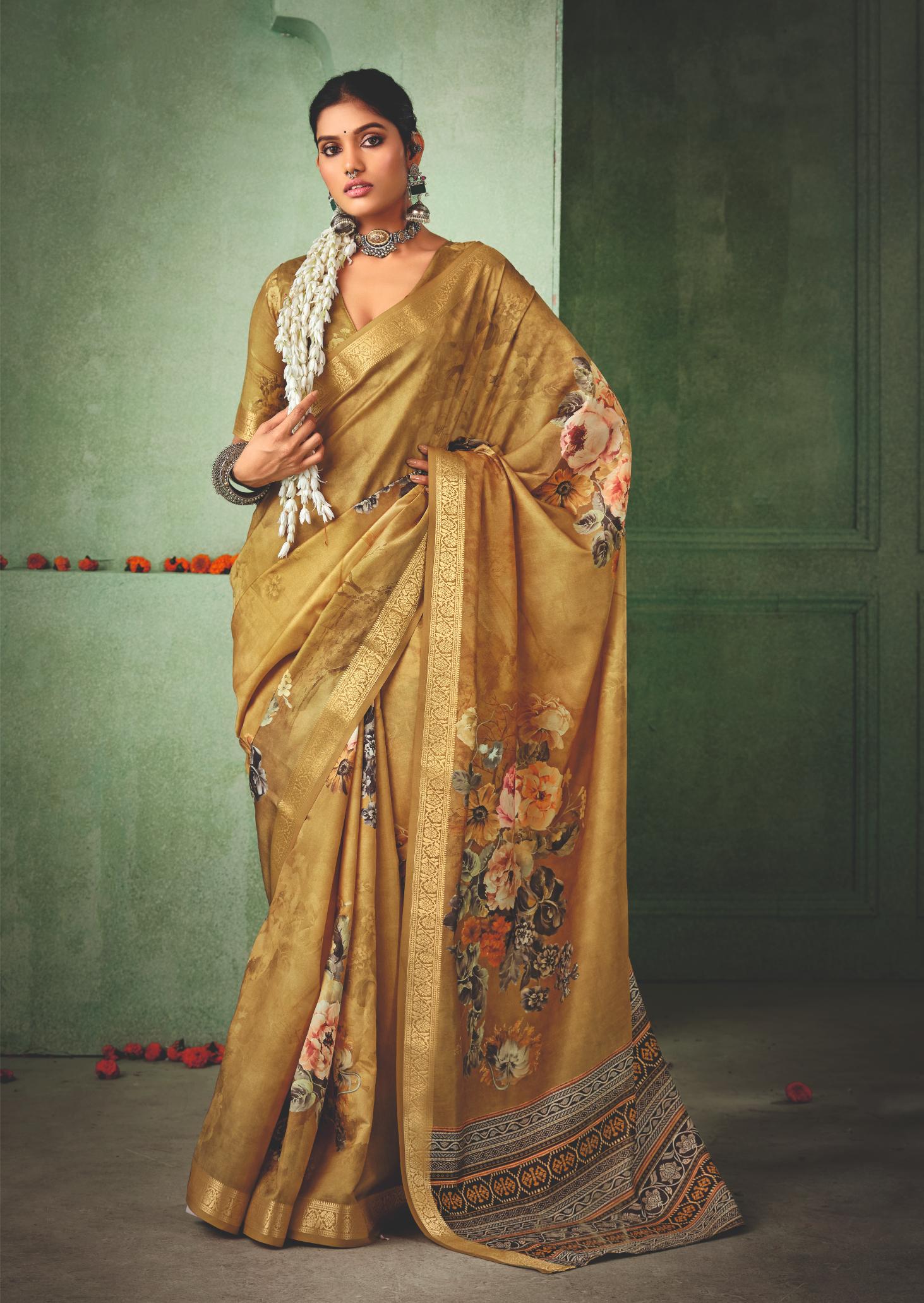 Sandy Brown Tussar Silk Floral Print Saree-4470