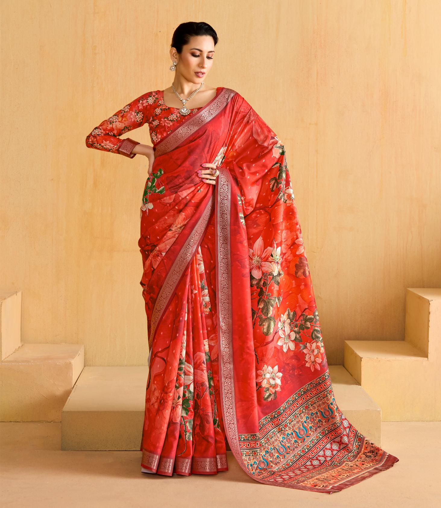 Red Tussar Silk Floral Print Saree-4471