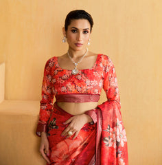 Red Tussar Silk Floral Print Saree-4471