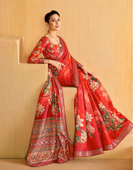 Red Tussar Silk Floral Print Saree-4471