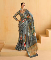 Grey Tussar Silk Floral Print Saree-4472