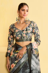 Grey Tussar Silk Floral Print Saree-4472