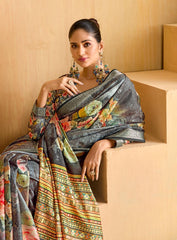 Grey Tussar Silk Floral Print Saree-4472