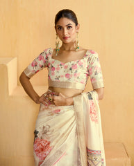 Cream Tussar Silk Floral Print Saree-4473