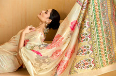 Cream Tussar Silk Floral Print Saree-4473