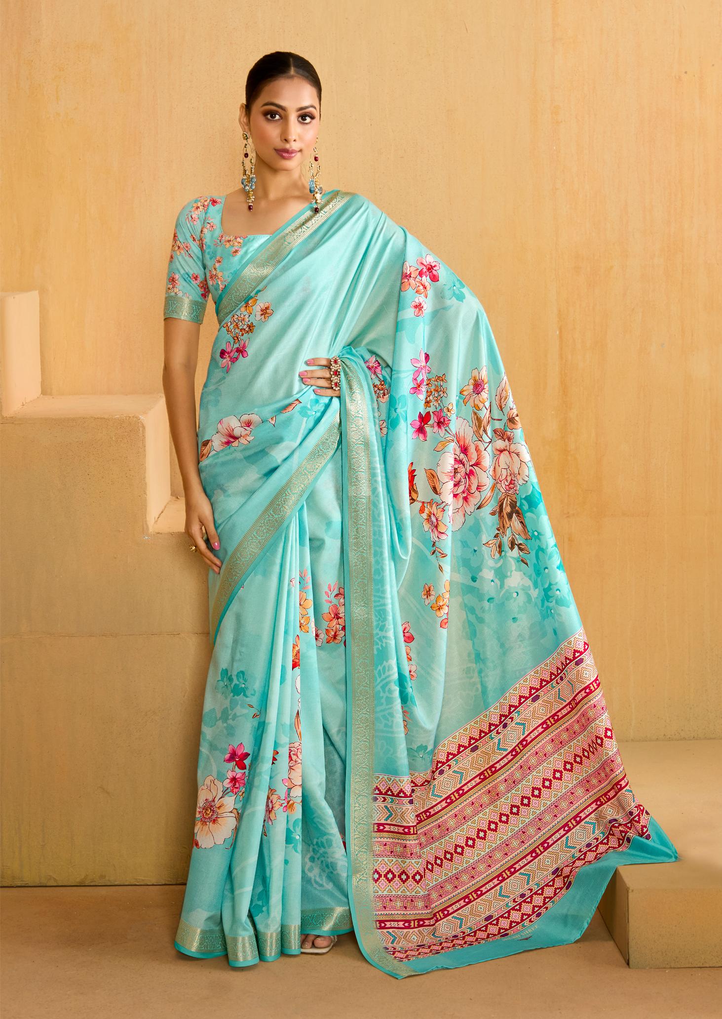 Fountain Blue Tussar Silk Floral Print Saree-4474