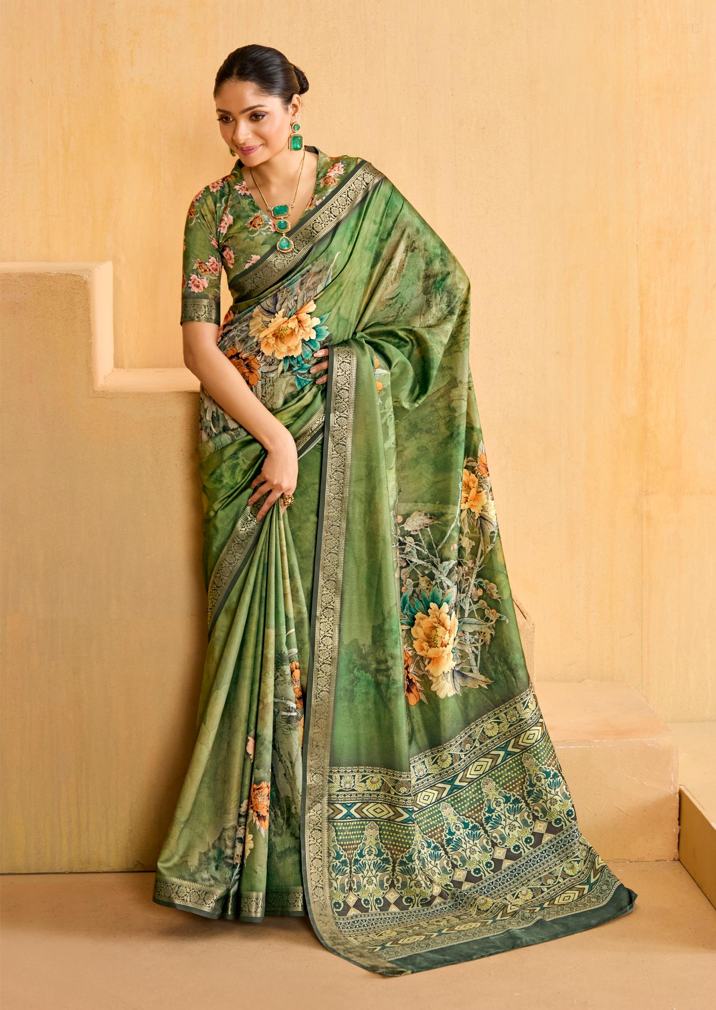 Khaki Green Tussar Silk Floral Print Saree-4475