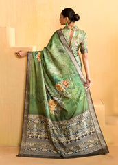 Khaki Green Tussar Silk Floral Print Saree-4475