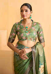 Khaki Green Tussar Silk Floral Print Saree-4475