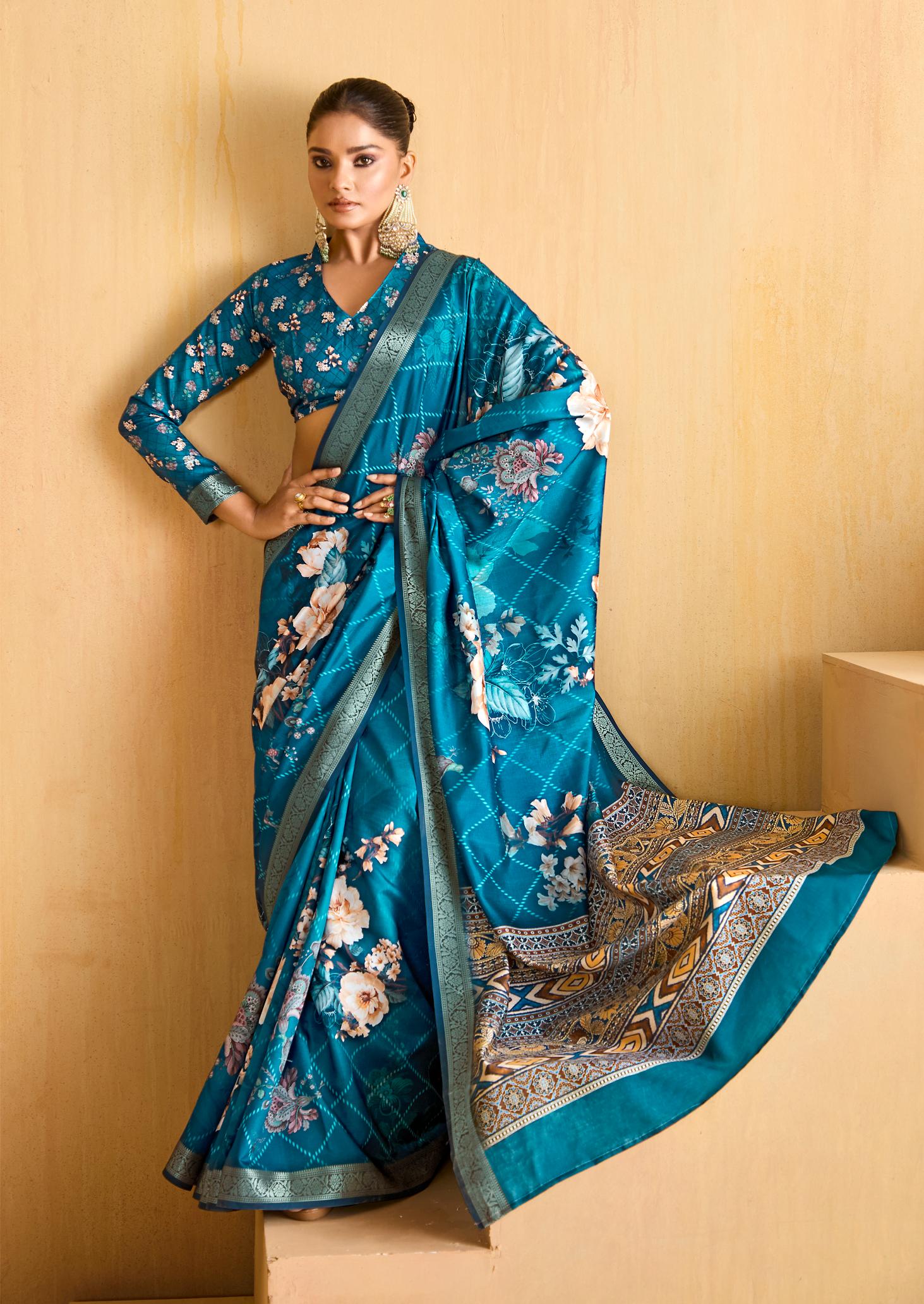 Regal Blue Tussar Silk Floral Print Saree-4476