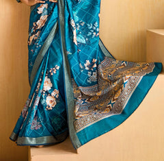 Regal Blue Tussar Silk Floral Print Saree-4476