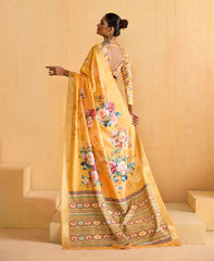 Yellow Tussar Silk Floral Print Saree-4477