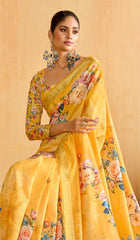 Yellow Tussar Silk Floral Print Saree-4477