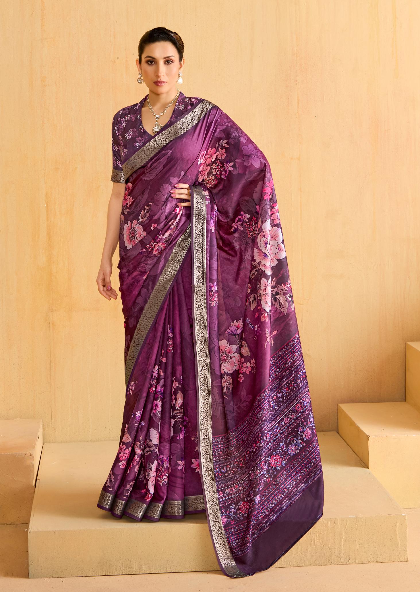 Velvet Maroon Tussar Silk Floral Print Saree-4478