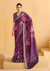 Velvet Maroon Tussar Silk Floral Print Saree-4478