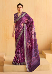 Velvet Maroon Tussar Silk Floral Print Saree-4478