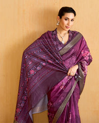 Velvet Maroon Tussar Silk Floral Print Saree-4478