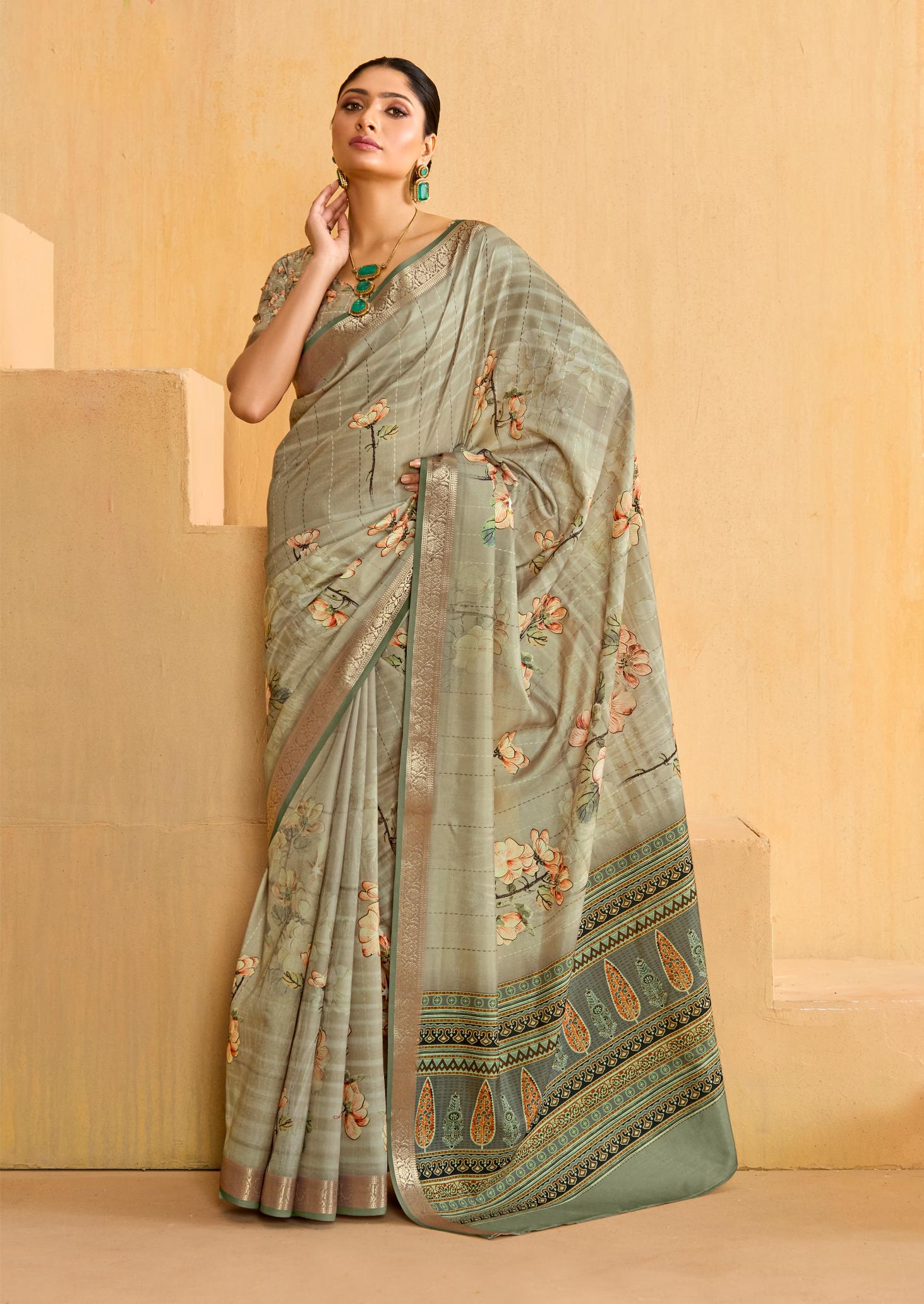 Grey Olive Tussar Silk Floral Print Saree-4479