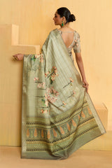 Grey Olive Tussar Silk Floral Print Saree-4479