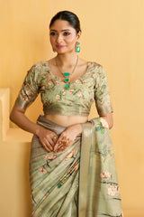 Grey Olive Tussar Silk Floral Print Saree-4479