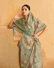 Grey Olive Tussar Silk Floral Print Saree-4479