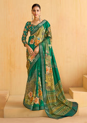 Teal Green Tussar Silk Floral Print Saree-4480