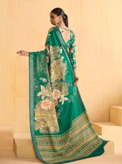 Teal Green Tussar Silk Floral Print Saree-4480