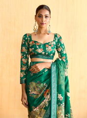 Teal Green Tussar Silk Floral Print Saree-4480