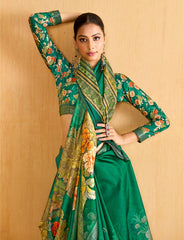 Teal Green Tussar Silk Floral Print Saree-4480