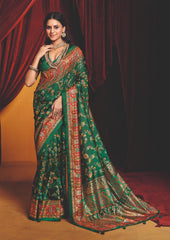 Dark Green Tussar Silk Paisley Print Saree-4483