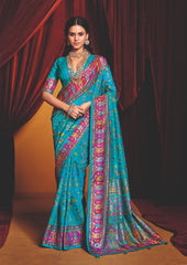 Sky Blue Tussar Silk Paisley Print Saree-4484