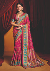 Bright Pink Tussar Silk Paisley Print Saree-4485